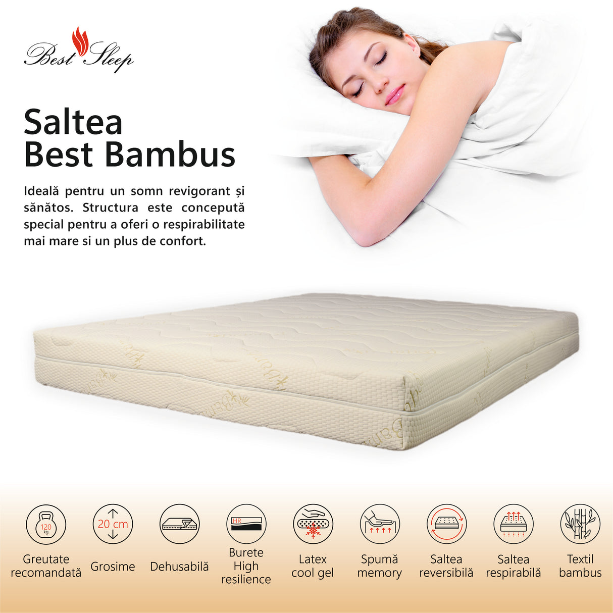 Saltea Ortopedica, Best Bambus, 25cm, 20+4+1, Spuma poliuretanica,latex cool gel, hipoalergenica, husa matlasata, detasabila, fermitate medie