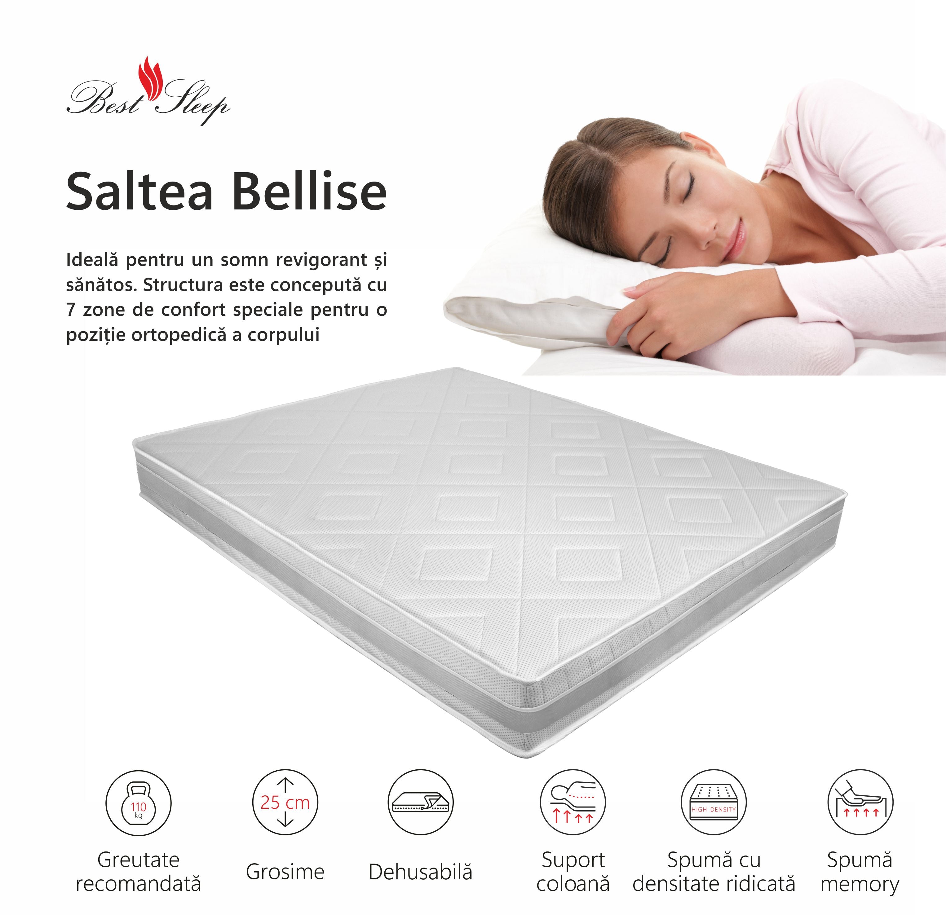 Saltea Ortopedica, Best Sleep Bellise, 25cm, 21+4 Memory, 7 zone de confort, spuma poliuretanica cu memorie, husa detasabila, fermitate medie