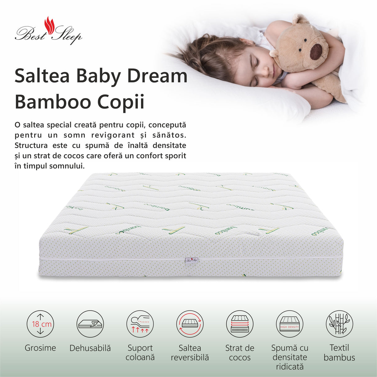 Saltea Ortopedica Best Sleep Baby Dream Bamboo 18cm, spuma poliuretanica, fibra de cocos, husa detasabila cu fermoar