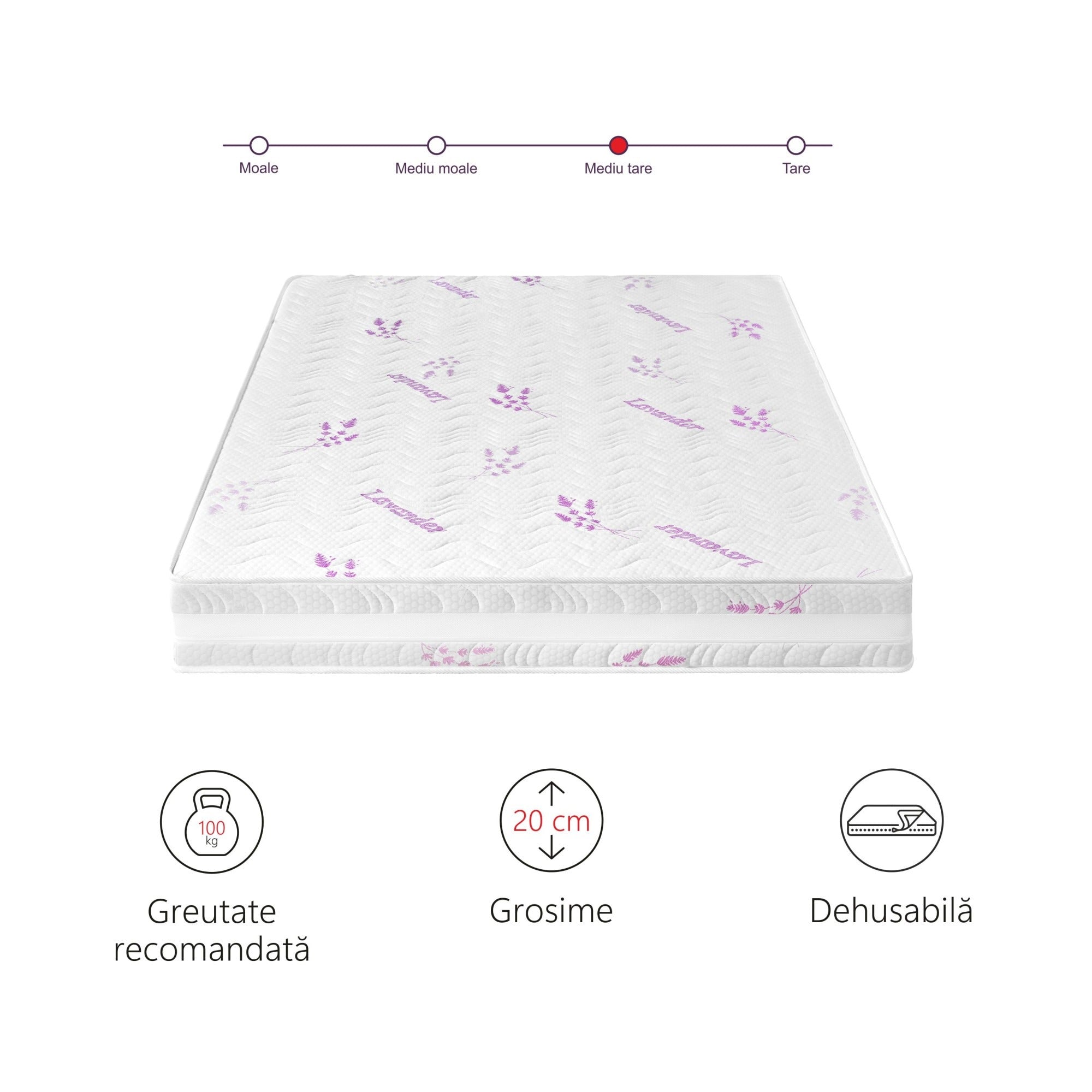 Saltea Ortopedica Sleep Evolution Luna Memory Lavanda 14+6+1, 20cm, spuma poliuretanica cu memorie, husa detasabila tratata cu lavanda, fermitate medie