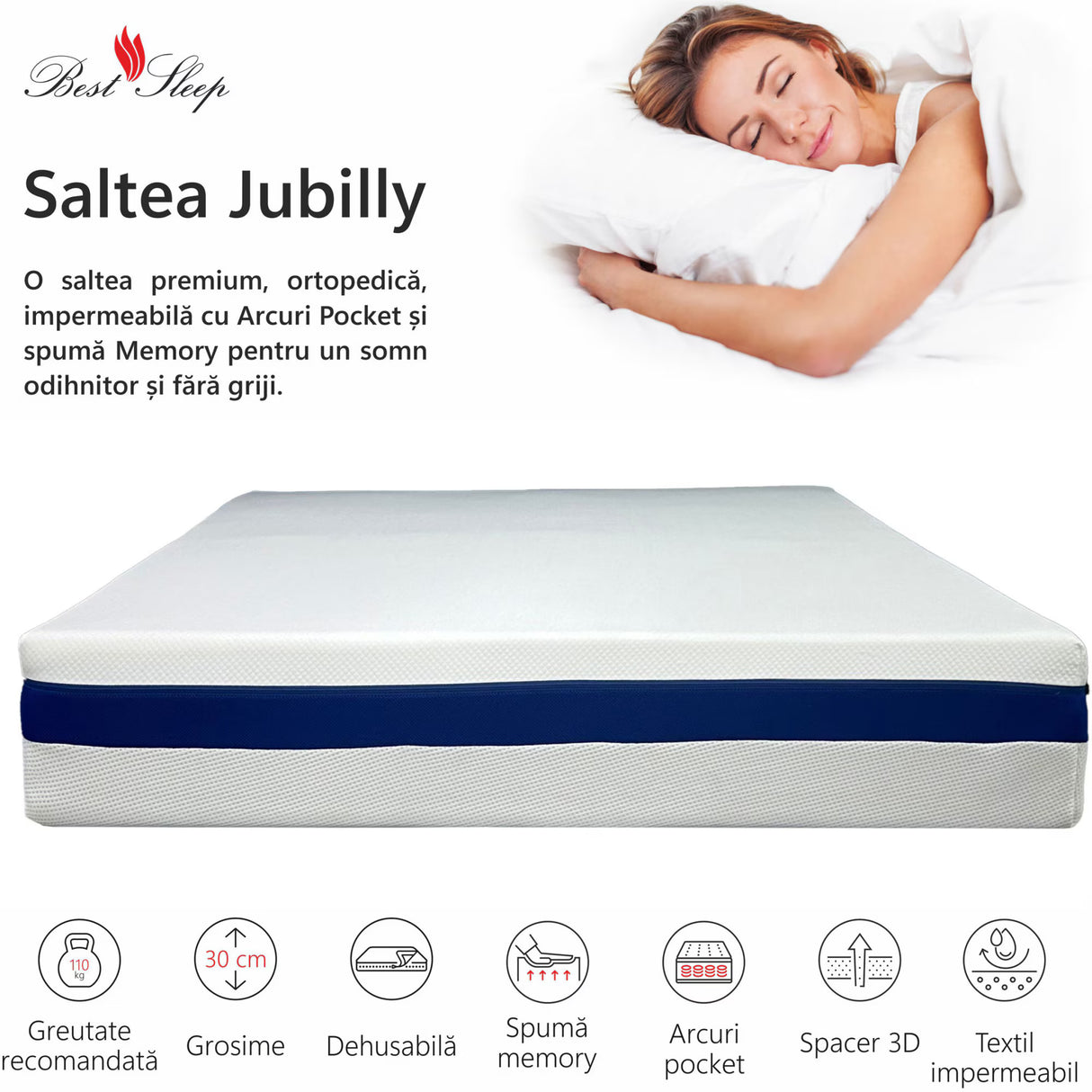 Waterproof Orthopedic Mattress, Best Sleep Jubilly, Pocket Springs, Memory Foam, Soft Firmness, Removable Washable Cover