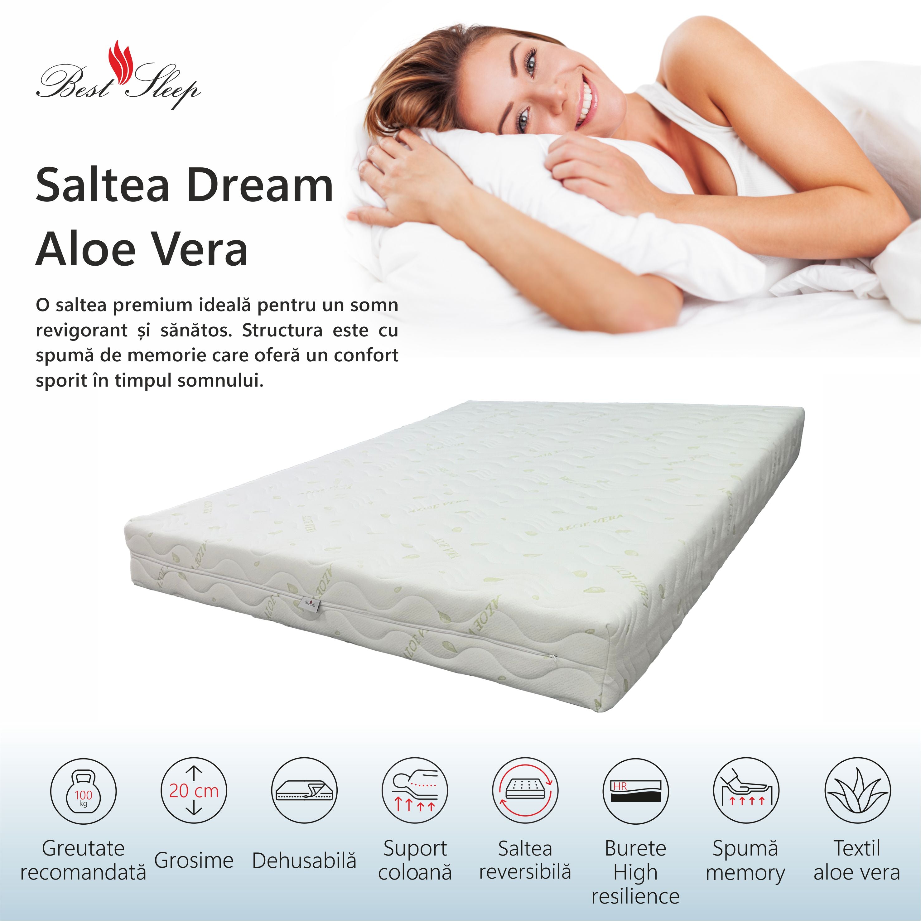 Saltea Ortopedica, Dream Aloe Vera, 20cm, spuma poliuretanica cu memorie, hipoalergenic, reversibila, husa detasabila, fermitate medie
