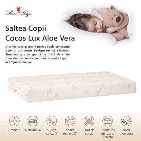 Saltea Ortopedica Best Sleep Baby Dream Aloe Vera 20cm, spuma poliuretanica, fibra de cocos, husa detasabila cu fermoar