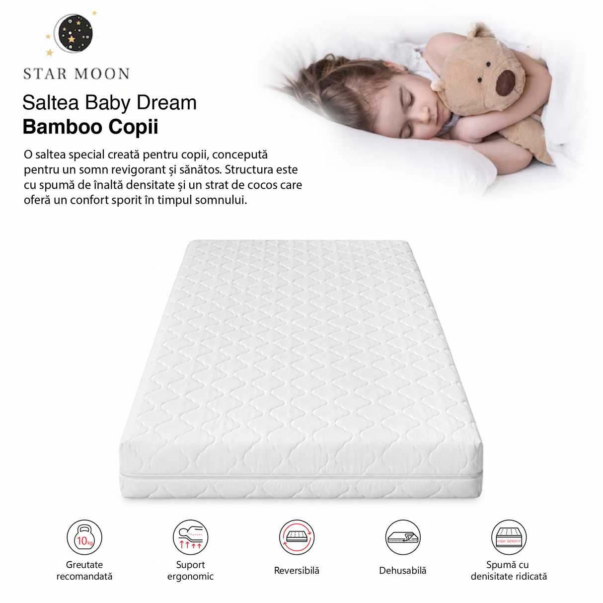 Saltea Copii Star Moon Lumio, 70x160, reversibila, antiacarieni, hipoalergenic, husa matlasata, detasabila, lavabila, ferma
