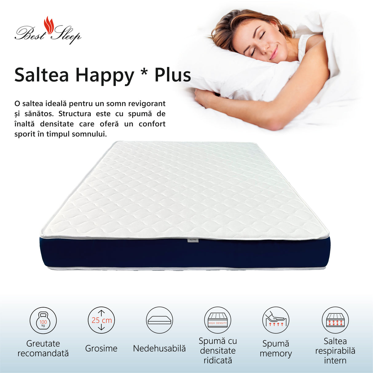 Saltea Ortopedica, Best Sleep, Happy * Plus, 20+5 spuma Poliuretanica cu memorie, hipoalergenica, husa matlasata, fermitate moale