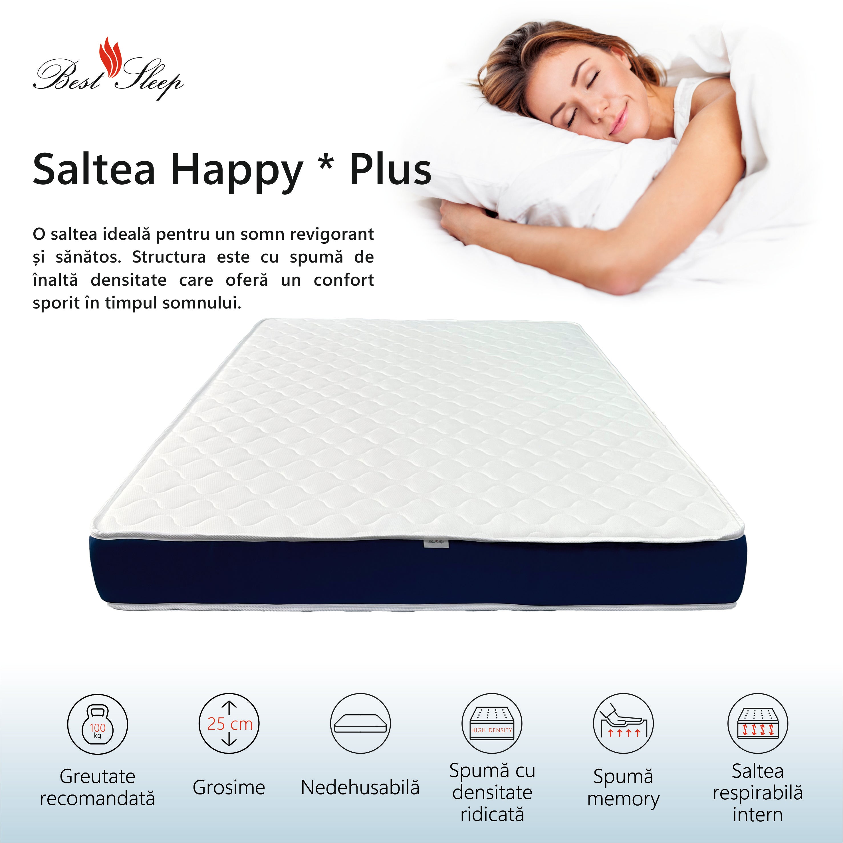 Saltea Ortopedica, Best Sleep, Happy * Plus, 20+5 spuma Poliuretanica cu memorie, hipoalergenica, husa matlasata, fermitate medie