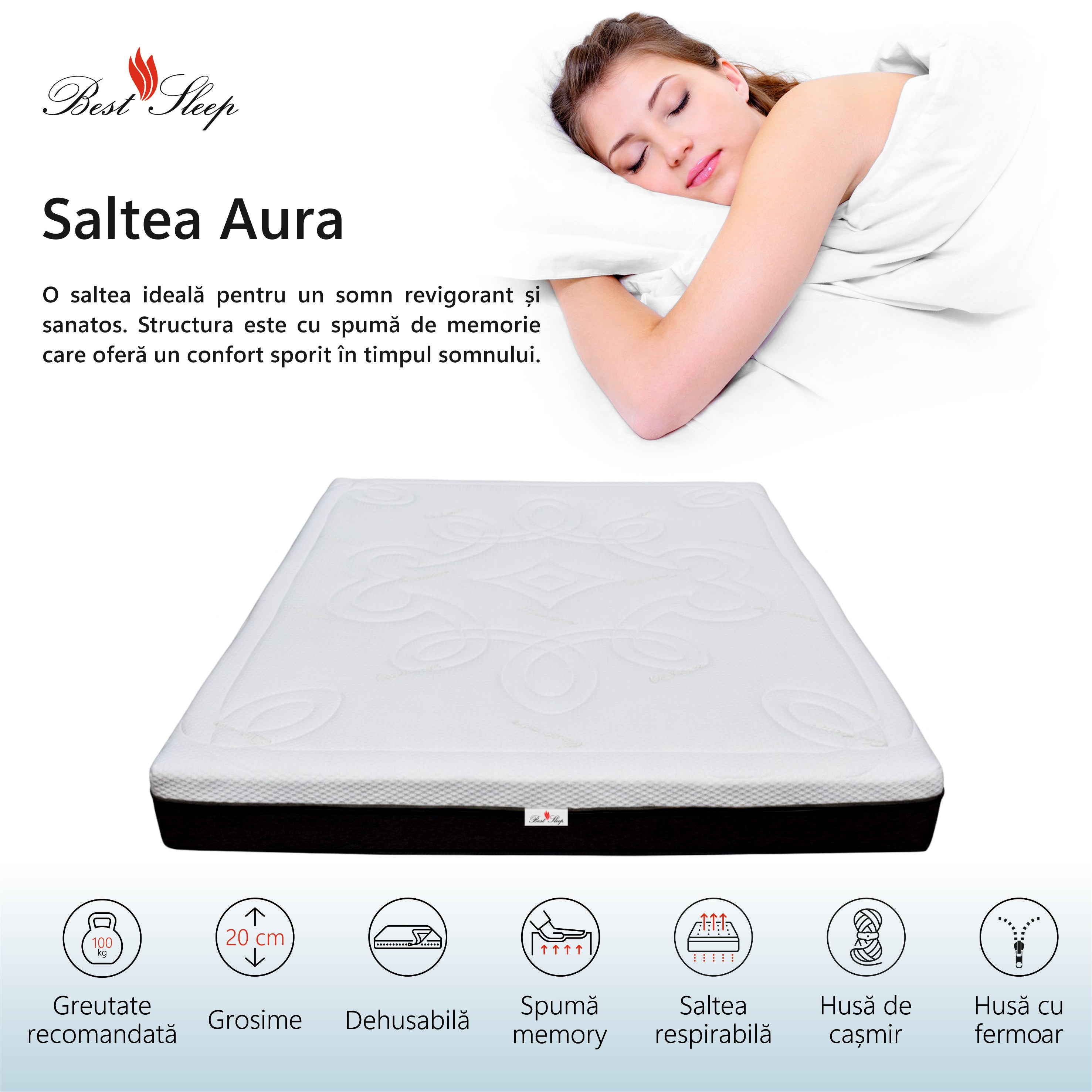 Saltea ortopedica Best Sleep Aura, 20cm, spuma poliuretanica cu memorie, hipoalergenica, antibacteriana, fermitate medie