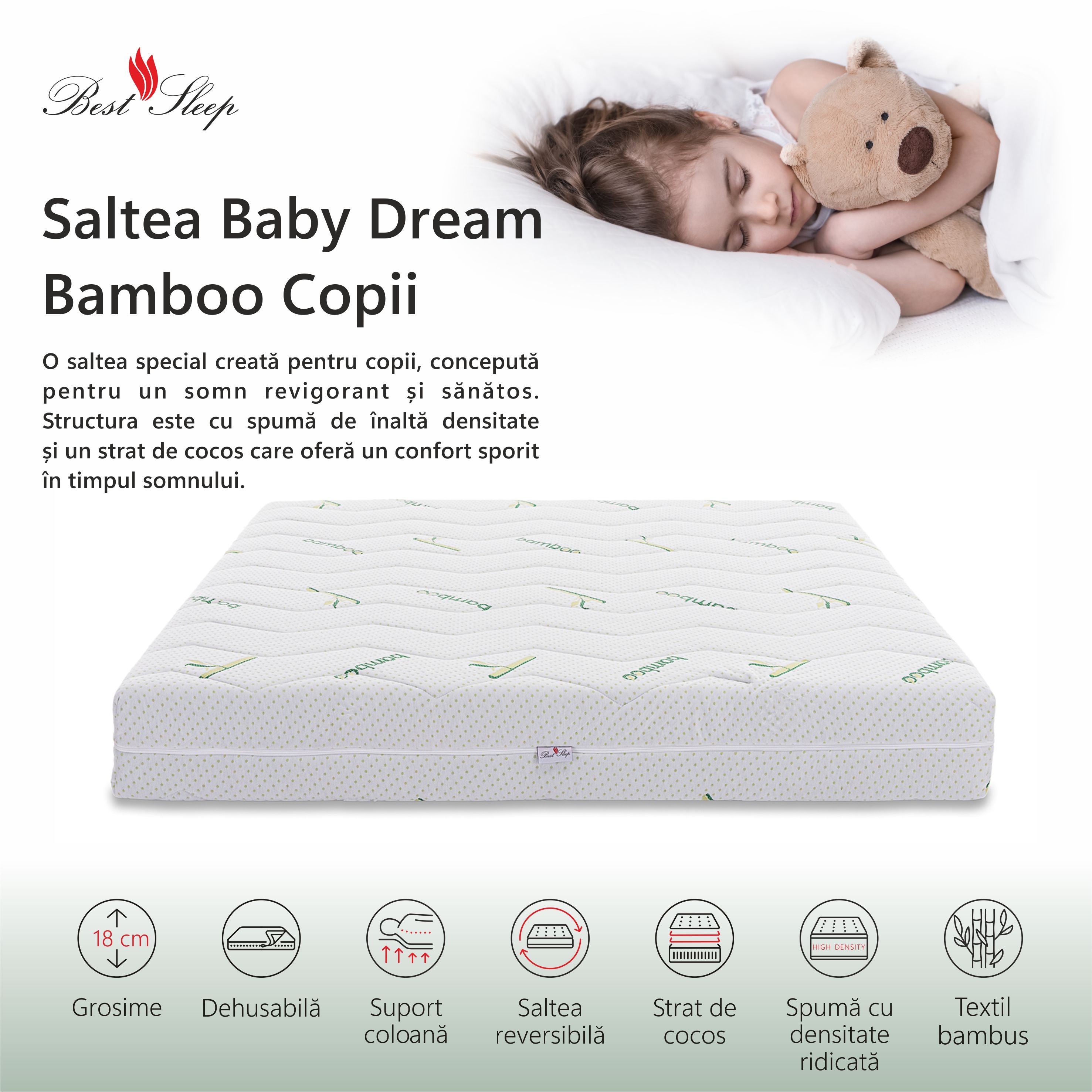 Saltea Ortopedica Best Sleep Baby Dream Bamboo 18cm, spuma poliuretanica, fibra de cocos, husa detasabila cu fermoar