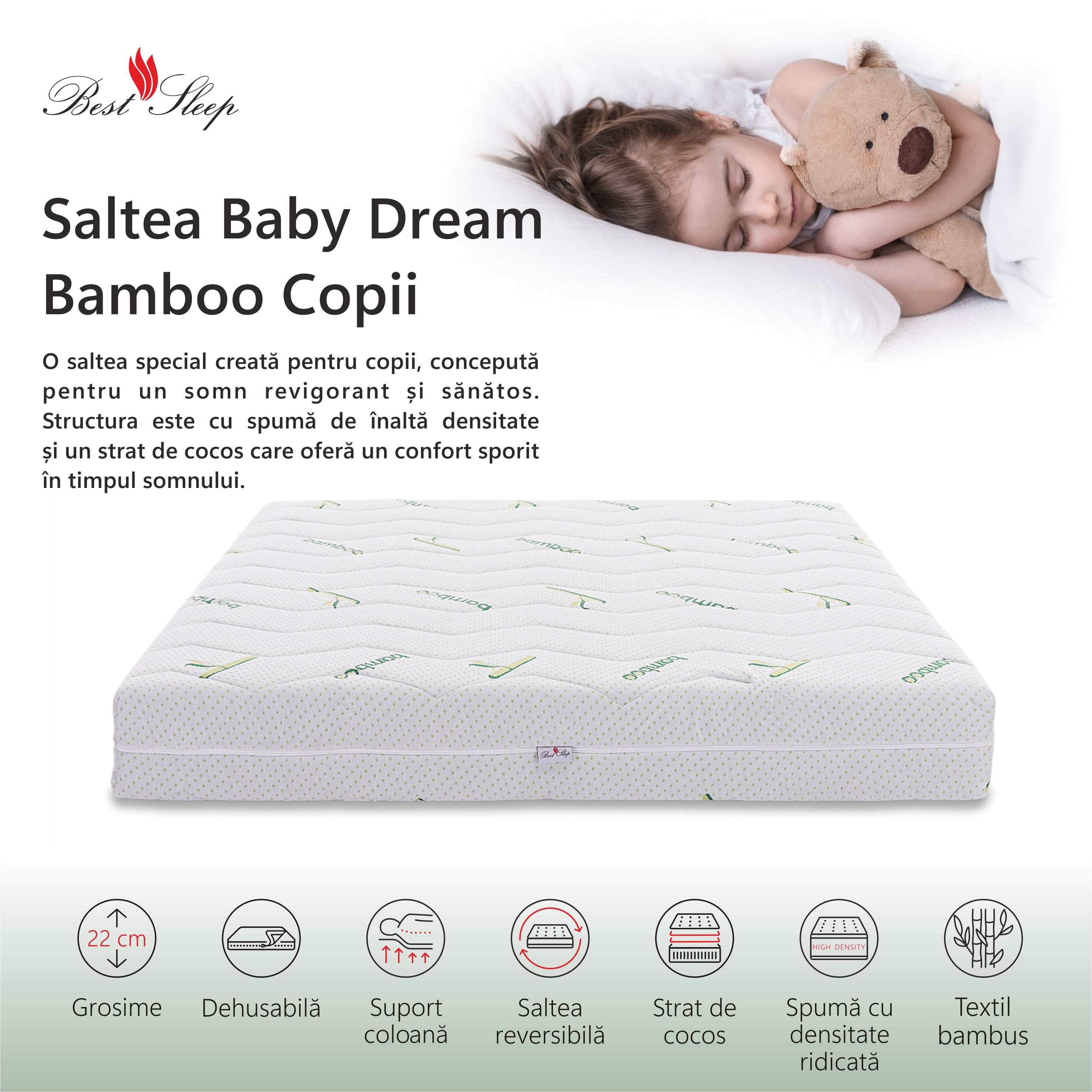 Saltea Ortopedica Best Sleep Baby Dream Bamboo 22cm, spuma poliuretanica, fibra de cocos, husa detasabila cu fermoar