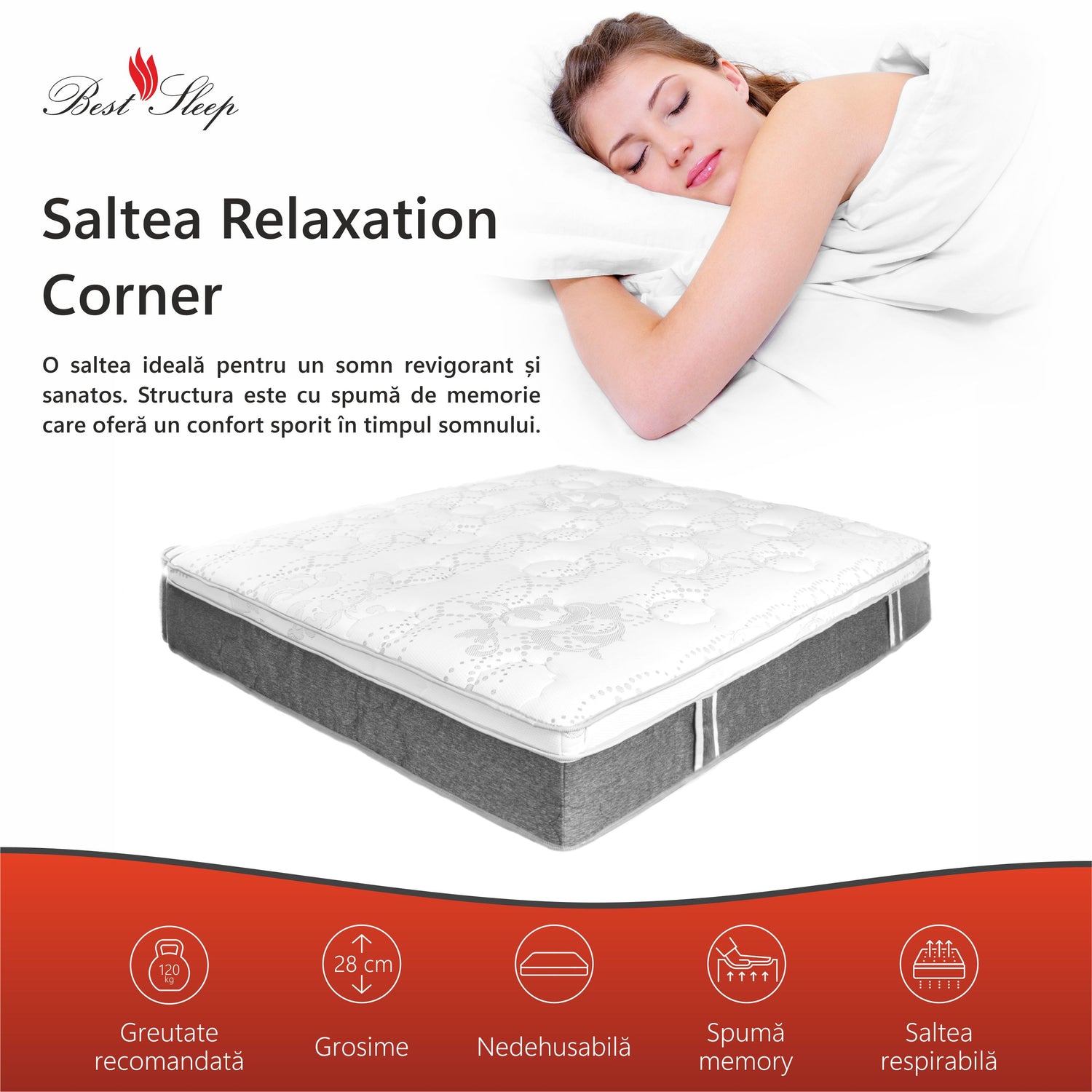 Saltea Ortopedica, Relaxation Corner Bordeaux 21+6+1,28cm,spuma Poliuretanica cu memorie,Hipoalergenic,husa matlasata,fermitate moale