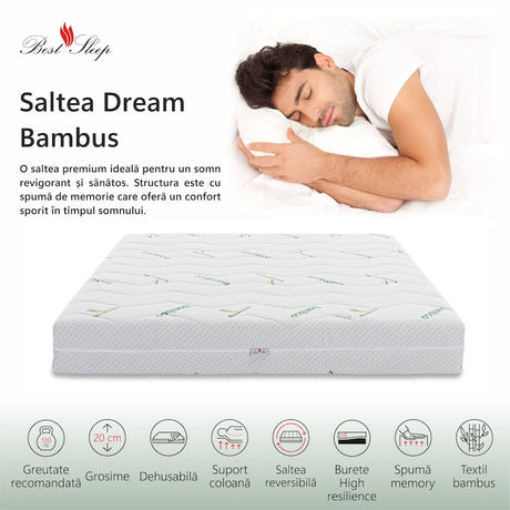 Saltea ortopedica Best Sleep Dream, 20cm, spuma poliuretanica cu memorie, hipoalergenica, antibacteriana, fermitate medie