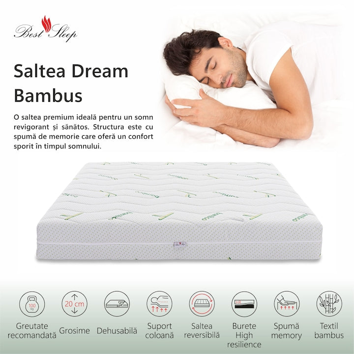 Saltea ortopedica Best Sleep Dream, 20cm, spuma poliuretanica cu memorie, hipoalergenica, antibacteriana, fermitate medie