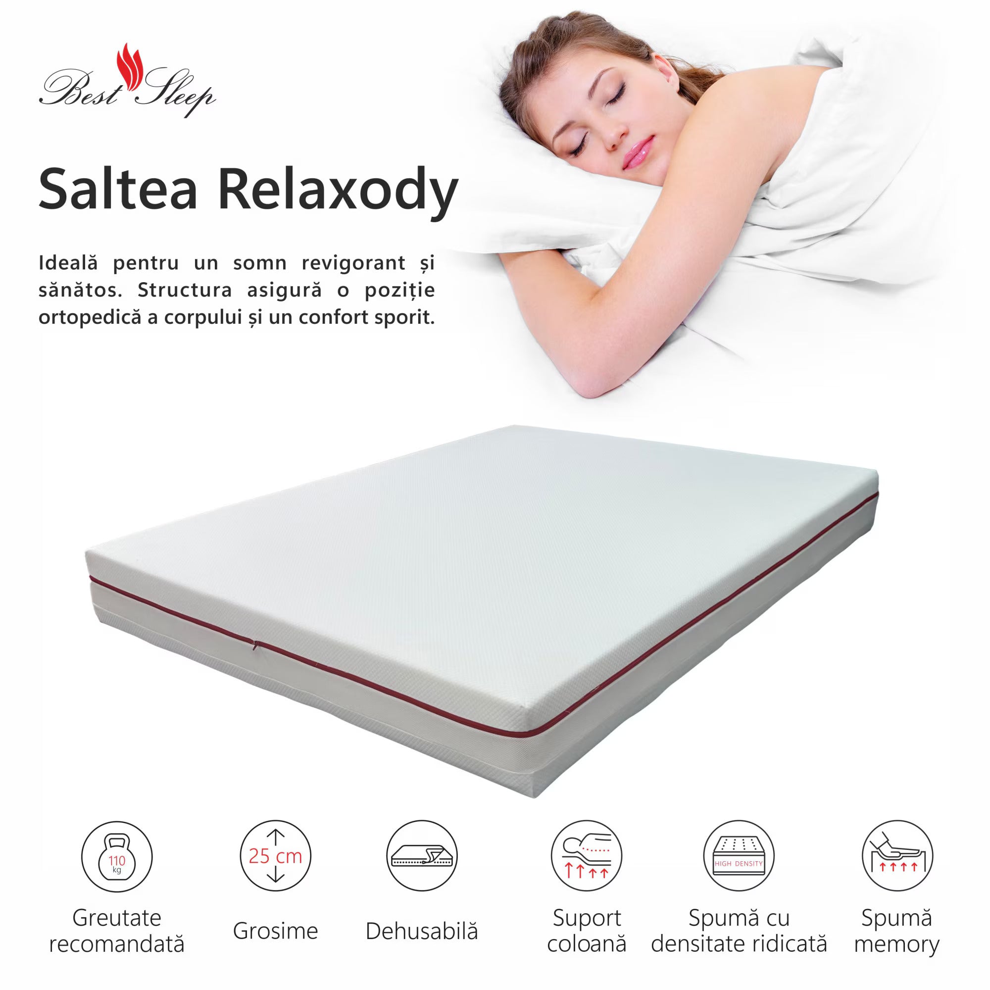 Saltea ortopedica impermeabila, Best Sleep Relaxody, spuma poliuretanica, spuma cu memorie, fermitate medie, husa detasabila lavabila