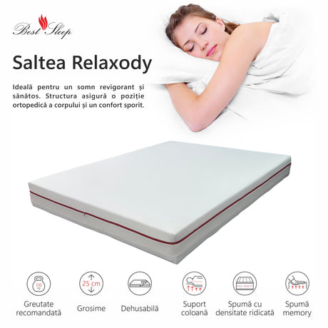 Saltea ortopedica impermeabila, Best Sleep Relaxody, spuma poliuretanica, spuma cu memorie, fermitate moale, husa detasabila lavabila