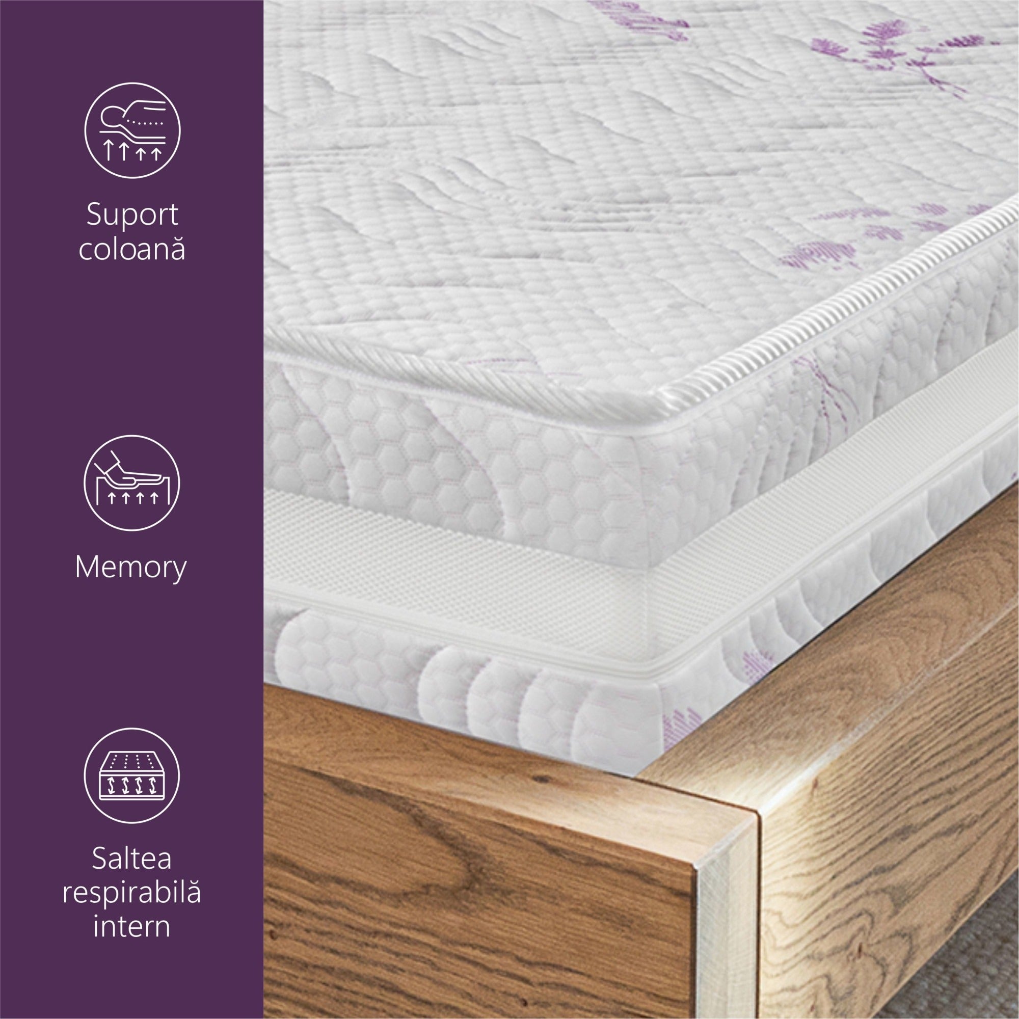 Saltea Ortopedica Sleep Evolution Luna Memory Lavanda 14+6+1, 20cm, spuma poliuretanica cu memorie, husa detasabila tratata cu lavanda, fermitate medie