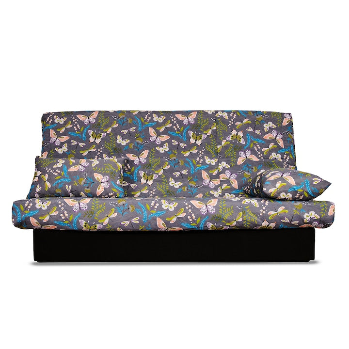 Set 2 Perne + Husa Canapea extensibila Click-Clack bumbac, model fluturi, 190 x 87 x 91 cm