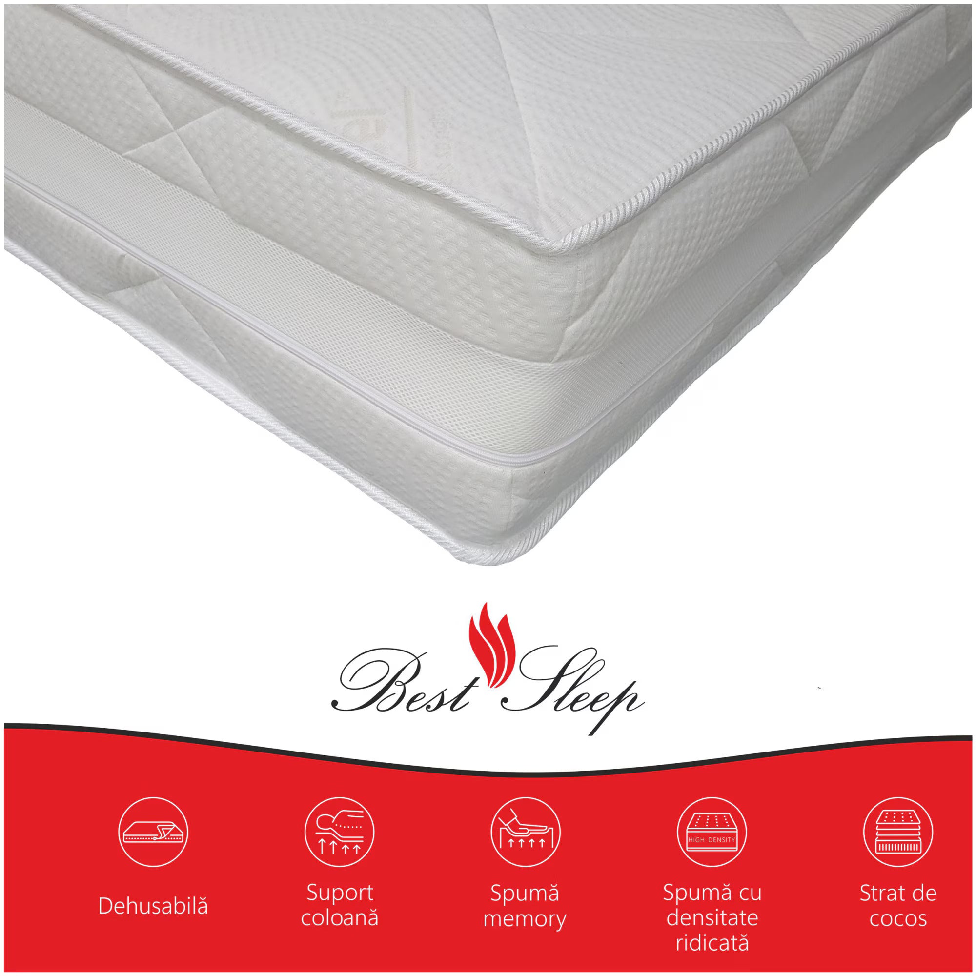 Saltea ortopedica, Best Sleep Grande, pentru persoane cu greutate spuma poliuretanica, spuma cu memorie, cocos, husa cu Tencel