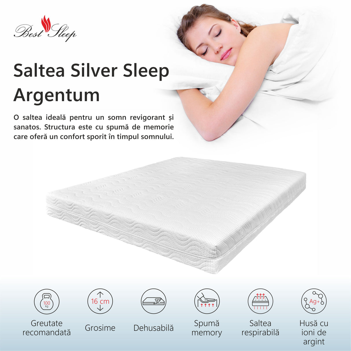 Saltea Ortopedica, Silver Sleep Argentum 11+4+1, 16cm, spuma Poliuretanica cu memorie, fir cu ioni de argint, hipoalergenica, husa matlasata, fermitate medie