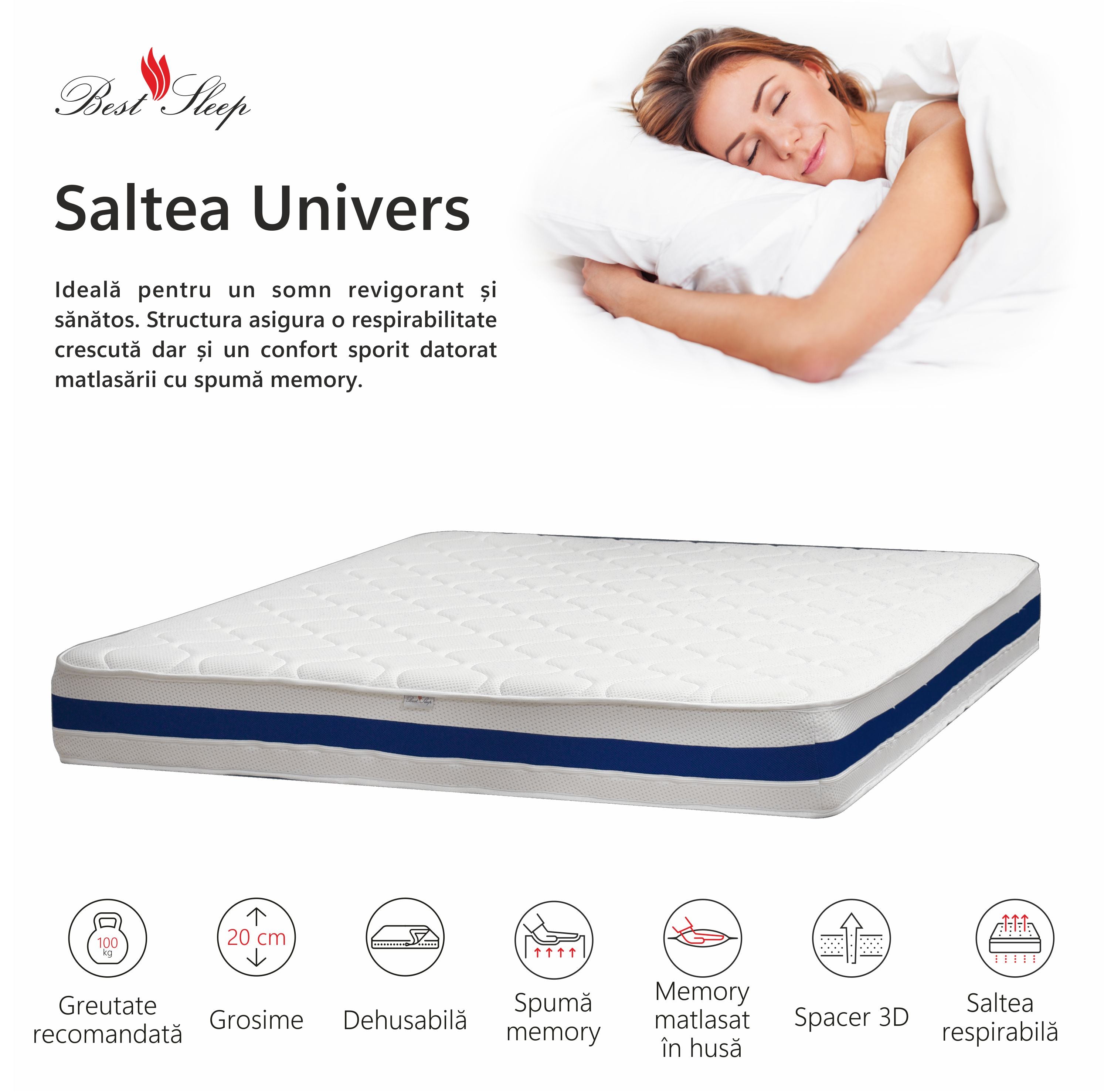 Saltea anatomica Univers, 20cm, spuma poliuretanica cu memorie, hipoalergenica, reversibila, sistem de aerisire, husa detasabila, fermitate medie